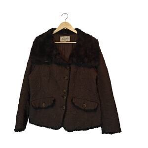 Vintage 80s 90s Brown Textured Jacket Faux Fur Collar L XL 54